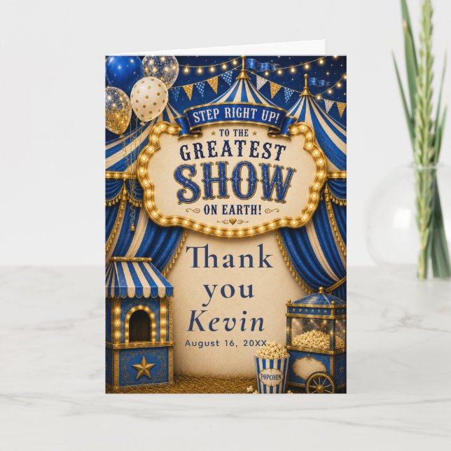 Blue Circus Party Thank You Card (Front)
