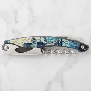 Blue city buildings in mosaic style with relief corkscrew