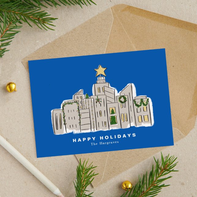 Blue City Skyline Corporate Christmas Card (Blue City Skyline Illustration Corporate Christmas Card)
