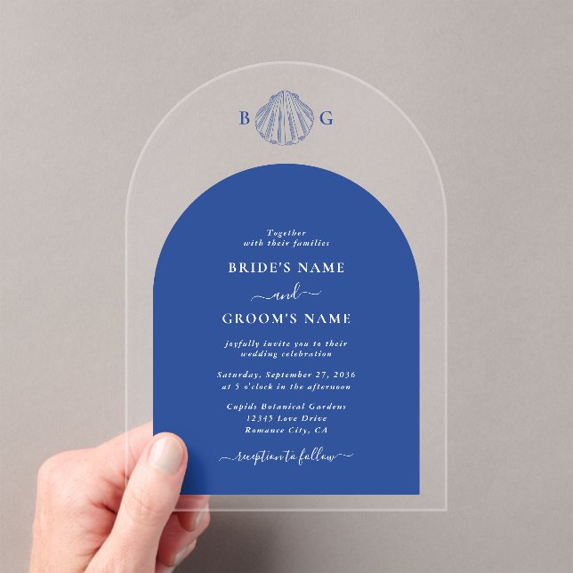 Blue Clam Seashells Coastal Seaside Beach Wedding Acrylic Invitations (Insitu (Handheld))