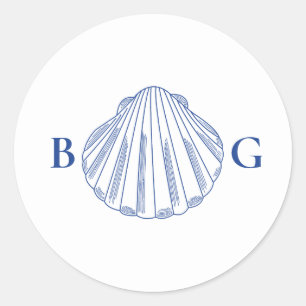 Blue Clam Seashells Coastal Seaside Beach Wedding Classic Round Sticker