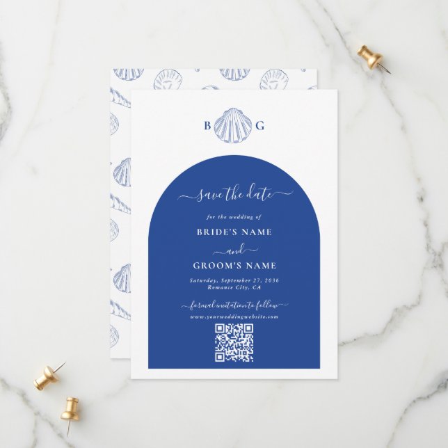 Blue Clam Seashells Coastal Seaside Beach Wedding Save The Date (Front/Back In Situ)