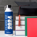Blue Class of 2024 Personalised School Graduation Water Bottle<br><div class="desc">This classic blue custom senior graduate water bottle features bold white typography reading class of 2024 in varsity letters for a high school or college graduation party keepsake gift. Customise with your name in elegant gold script underneath for a great commemorative favour.</div>