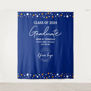 Blue Class of 2024 with logo backdrop graduation Tapestry