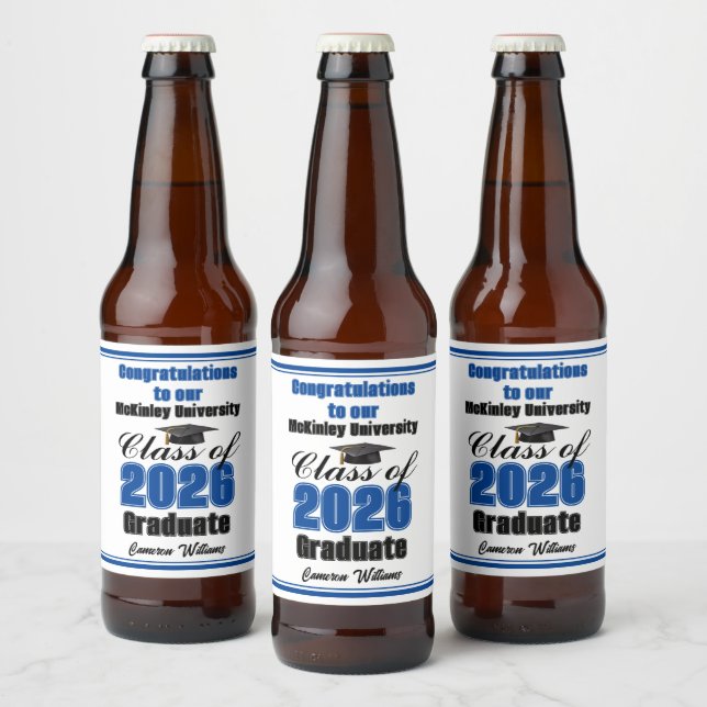 Blue Class of 2026 Graduation Party Custom Beer Bottle Label (Bottles)
