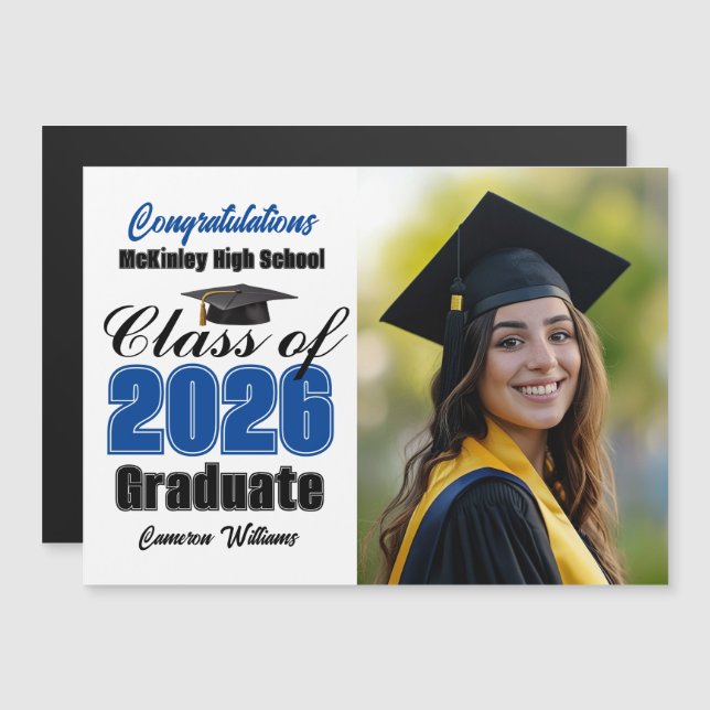 Blue Class of 2026 Graduation Photo Magnet Card (Front/Back)