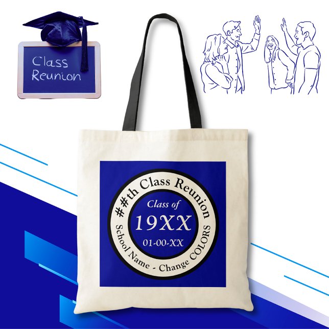 Blue Class Reunion Gift Bag Ideas, Personalised (Class Reunion Bags. Blue, White, Black. Great gifts for class reunion. 50 year class reunion gifts.)