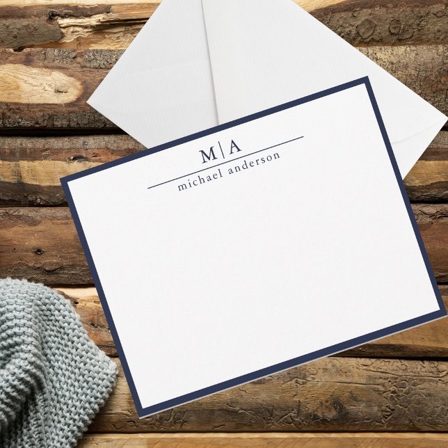 Blue Classic Border Monogram Correspondence Card (Creator Uploaded)
