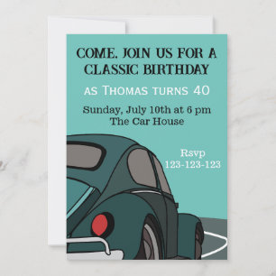 Blue Classic Car Birthday Invitation