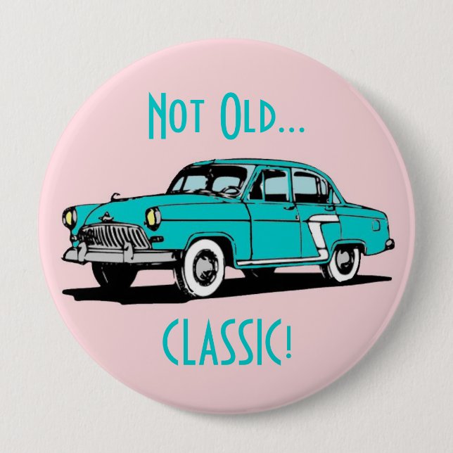 Blue Classic Car Funny Birthday Button (Front)