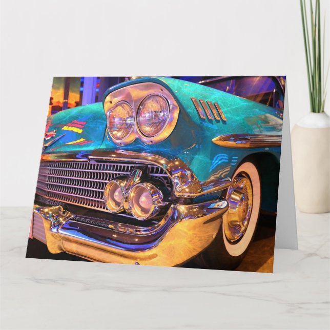 BLUE CLASSIC CAR VINTAGE BIRTHDAY GREETING CARD (Front)