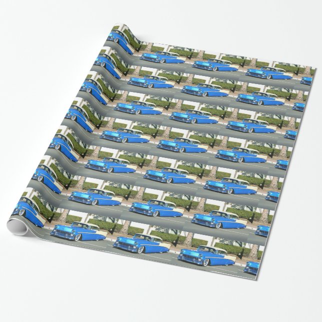 Blue classic car wrapping paper (Unrolled)