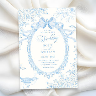 Blue Classic floral botanical bow elegant wedding Invitation