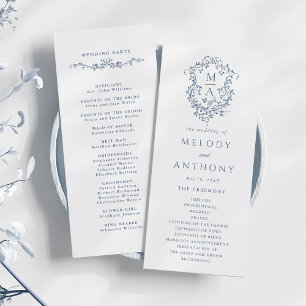 Blue Classic Floral Crest Wedding Ceremony Programme