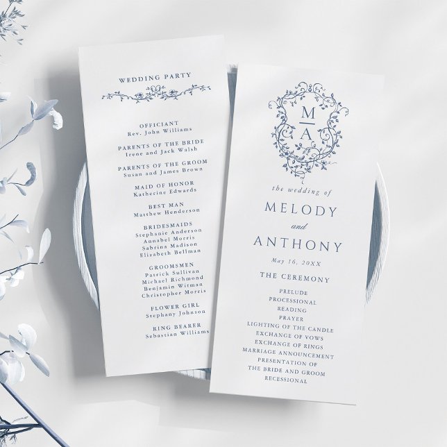 Blue Classic Floral Crest Wedding Ceremony Programme (Front & Back)