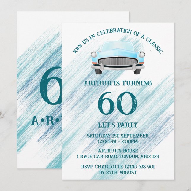 Blue Classic Retro Car Vintage Watercolour Invitation (Front/Back)