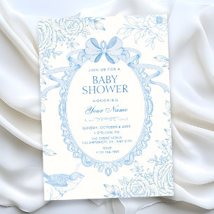 Blue Classic soft floral botanical bow baby shower Invitation