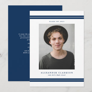 Blue Classic Stripes Modern Photo Graduation Announcement