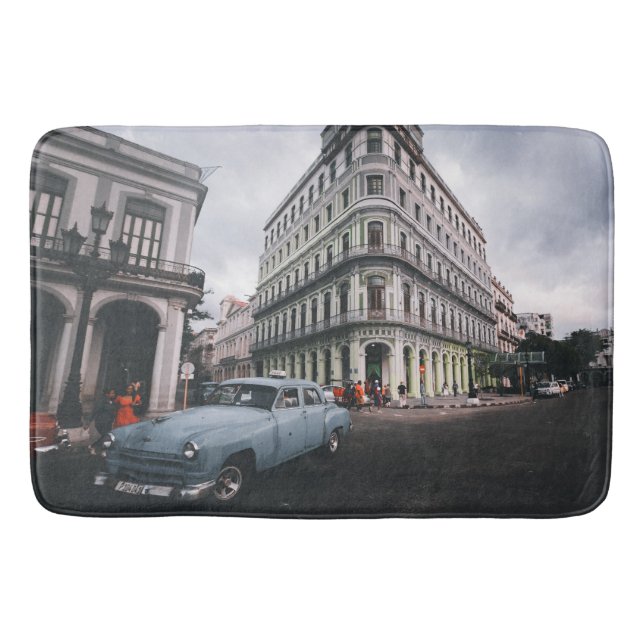 Blue Classic Vintage Car Cityscape            Bath Mat (Front)