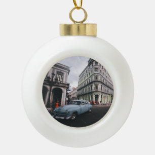 Blue Classic Vintage Car Cityscape Ceramic Ball Christmas Ornament