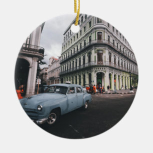 Blue Classic Vintage Car Cityscape Ceramic Tree Decoration