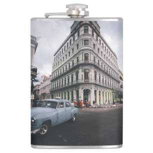 Blue Classic Vintage Car Cityscape Hip Flask