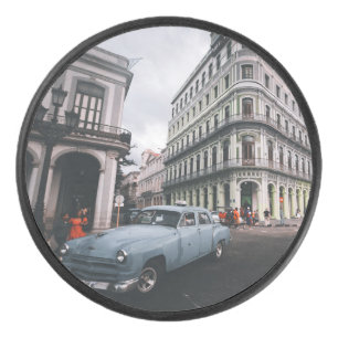 Blue Classic Vintage Car Cityscape           Hockey Puck