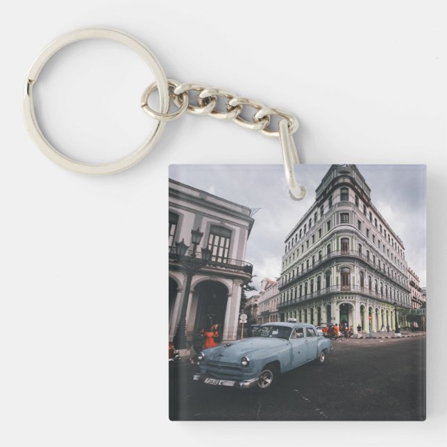 Blue Classic Vintage Car Cityscape             Key Ring (Front)