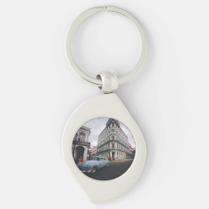 Blue Classic Vintage Car Cityscape Key Ring