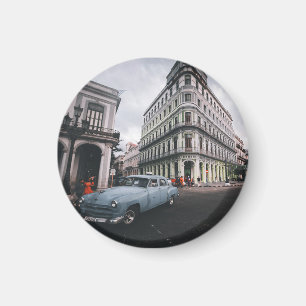 Blue Classic Vintage Car Cityscape Magnet