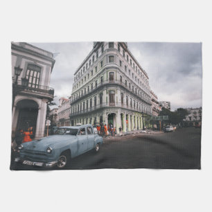 Blue Classic Vintage Car Cityscape Tea Towel