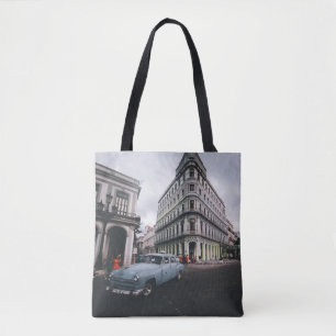 Blue Classic Vintage Car Cityscape Tote Bag