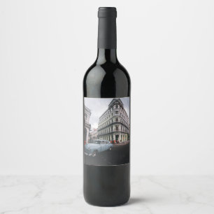 Blue Classic Vintage Car Cityscape Wine Label