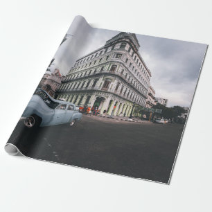 Blue Classic Vintage Car Cityscape           Wrapping Paper