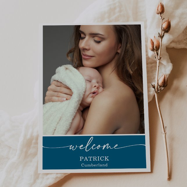  Blue Classic Welcome Baby Photo Announcement Card (Creator Uploaded)