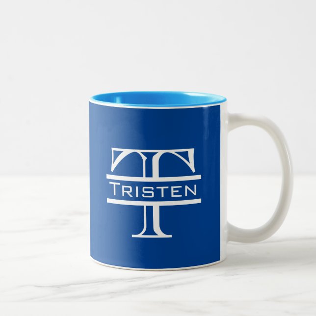 Blue Classic White Monogram Two-Tone Coffee Mug (Right)