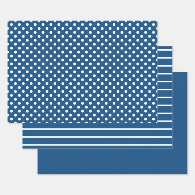 Blue Classic White Polka Dot Stripes Wrapping Paper Sheet (Set)