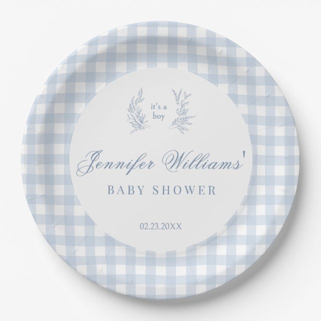 Blue classical simple baby boy shower paper plates (Front)