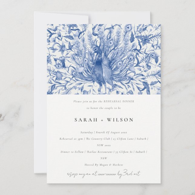 Blue Classy Watercolor Peacock Rehearsal Dinner Invitation (Front)