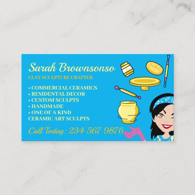 Blue Clay Ceramic Pottery Lady Boss Crafter Business Card (Front)