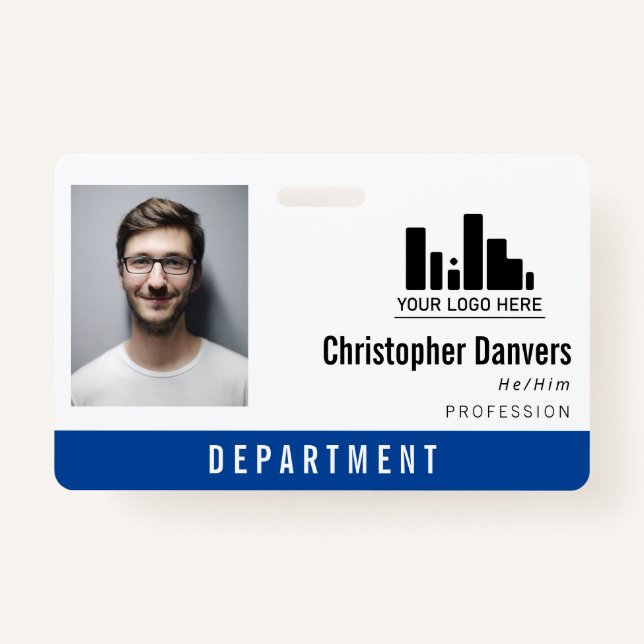 Blue Clean Logo Personal Pronouns Office Employee ID Badge (Front)