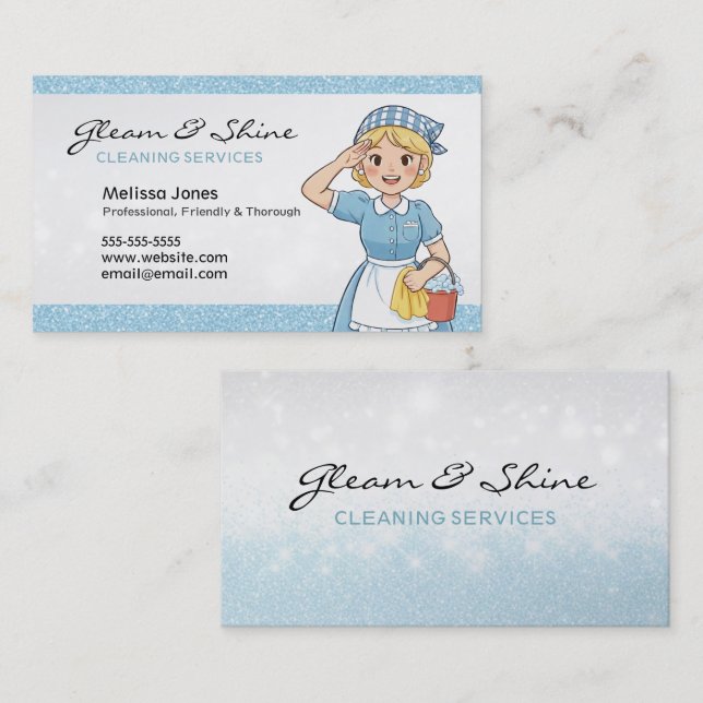 Blue Cleaning Lady at your Service Blonde Hair Business Card (Front/Back)