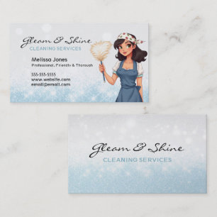 Blue Cleaning Lady Brown Hair Cleaner Service Business Card