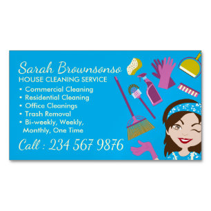 Blue Cleaning Service Janitorial Lady Tile Washing Magnetic Business Card