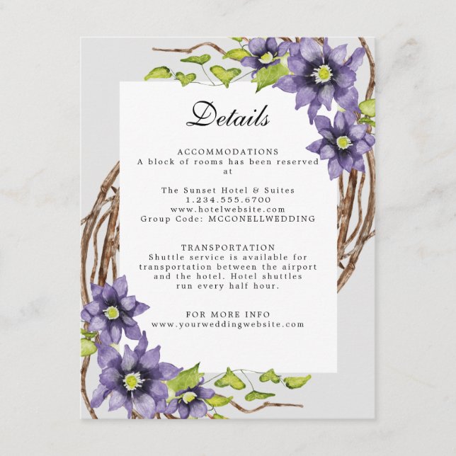 blue Clematis spring flower reception wedding Enclosure Card (Front)