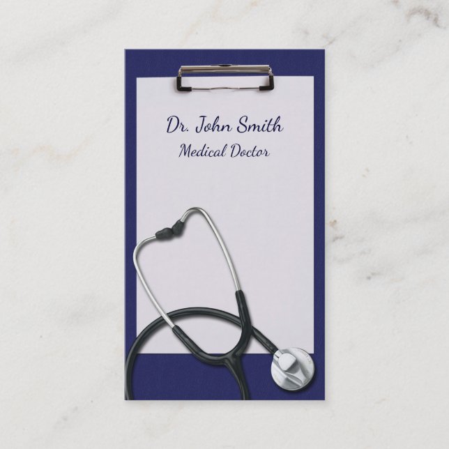 Blue Clipboard with Medical Stethoscope Business Card (Front)
