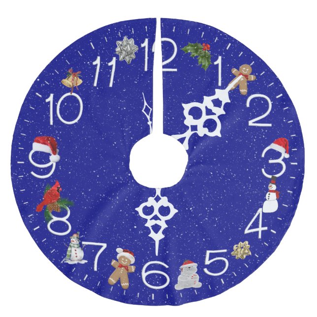Blue Clock Face With Christmas Elements Brushed Polyester Tree Skirt (Front)