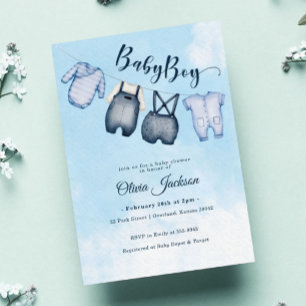 Blue Clothesline Baby Clothes Sky Boy Baby Shower Invitation