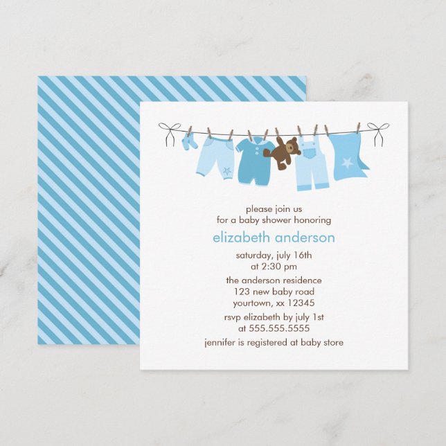 Blue Clothesline Boy Baby Shower Invitation (Front/Back)
