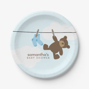 Blue Clothesline Boy Baby Shower Paper Plate